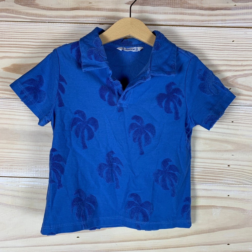 Mayoral Polo Shirt Boys 4‎ Blue Palm Tree Terry Textured Tropical Summer